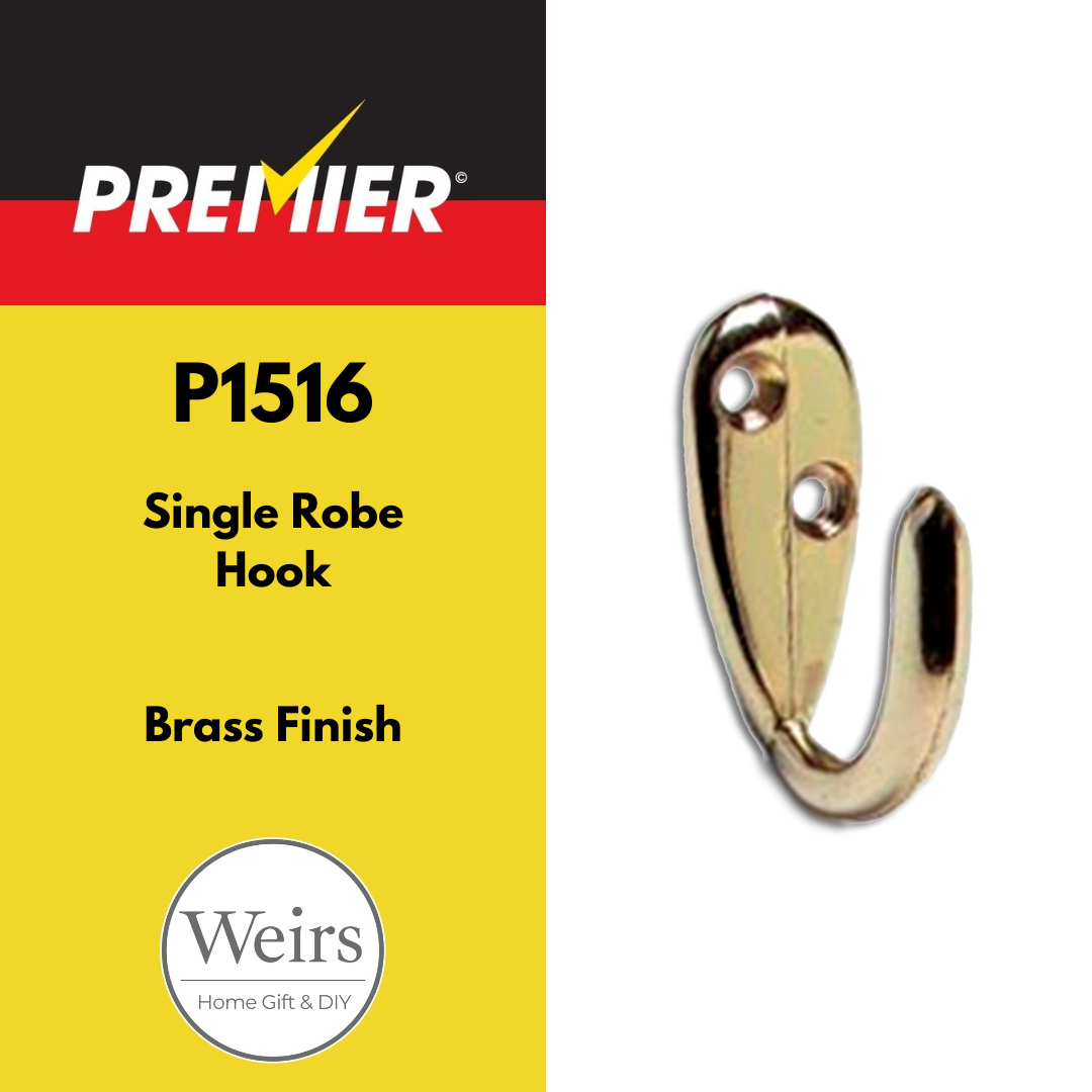 Fixtures & Fasteners| Premier Single Robe Hook Brass Finish (2pk) by Weirs of Baggot St