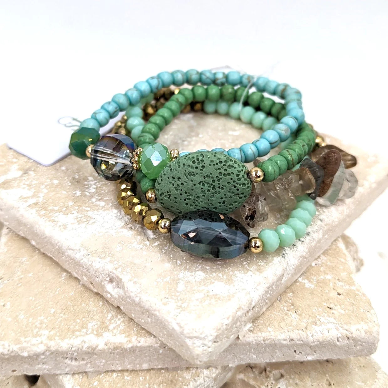 Bags & Jewellery Triple Set Stretchy Beaded Bracelets with Lava Stone by Weirs of Baggot Street