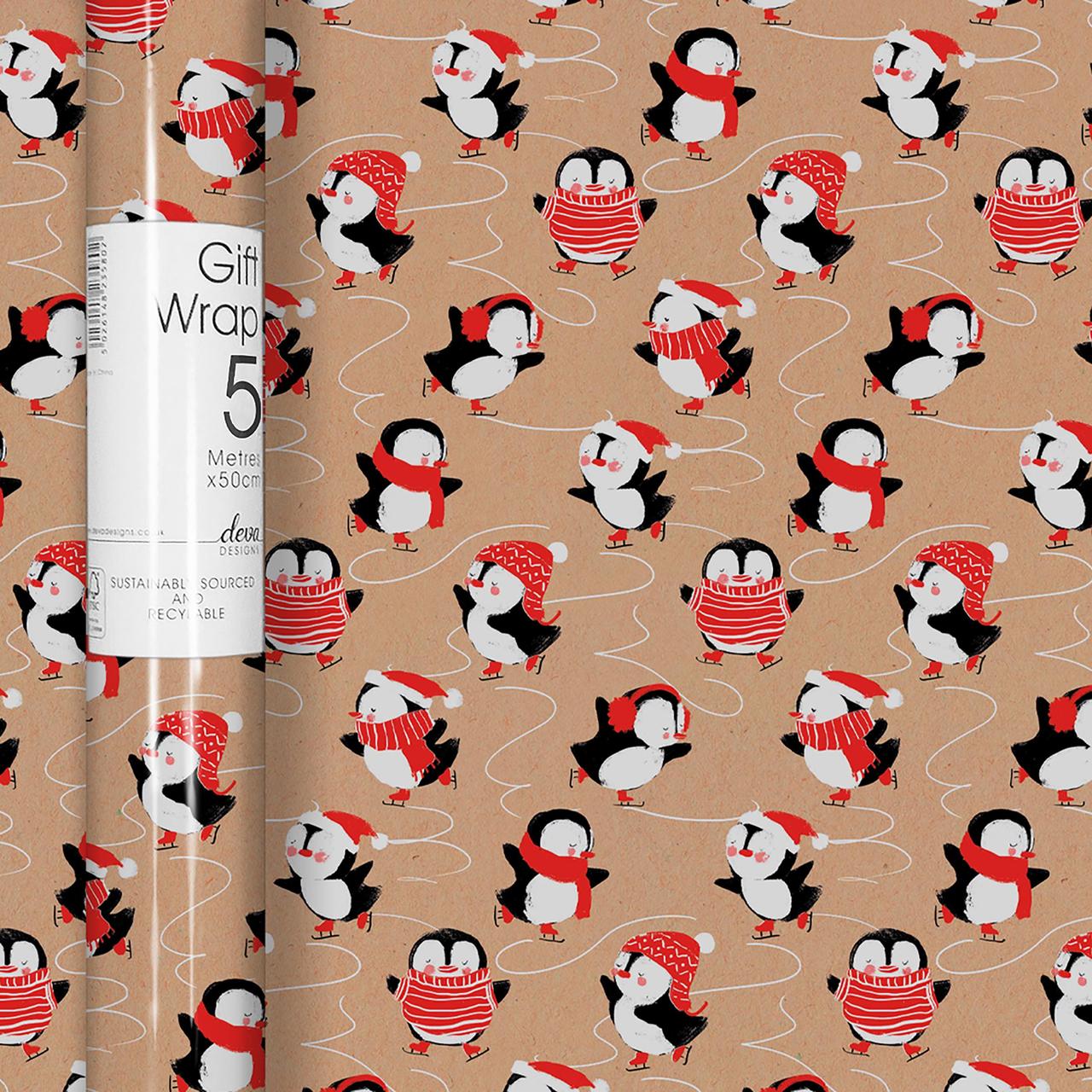 Christmas Gift Wrap Roll | 5m x50cm Kraft Penguins by Weirs of Baggot Street
