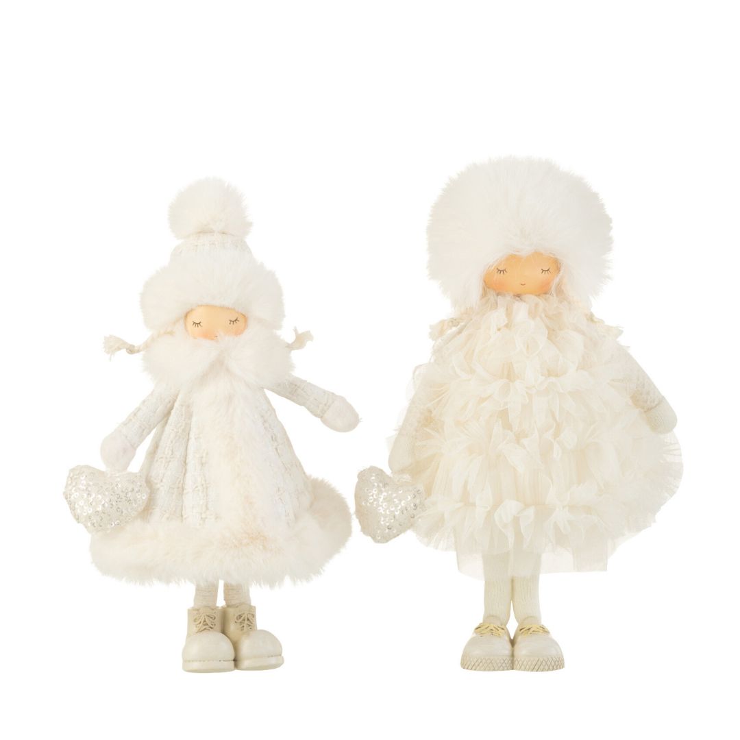 Christmas Shop | J-Line Standing Girls White Faux Fur 2 Assorted by Weirs of Baggot Street