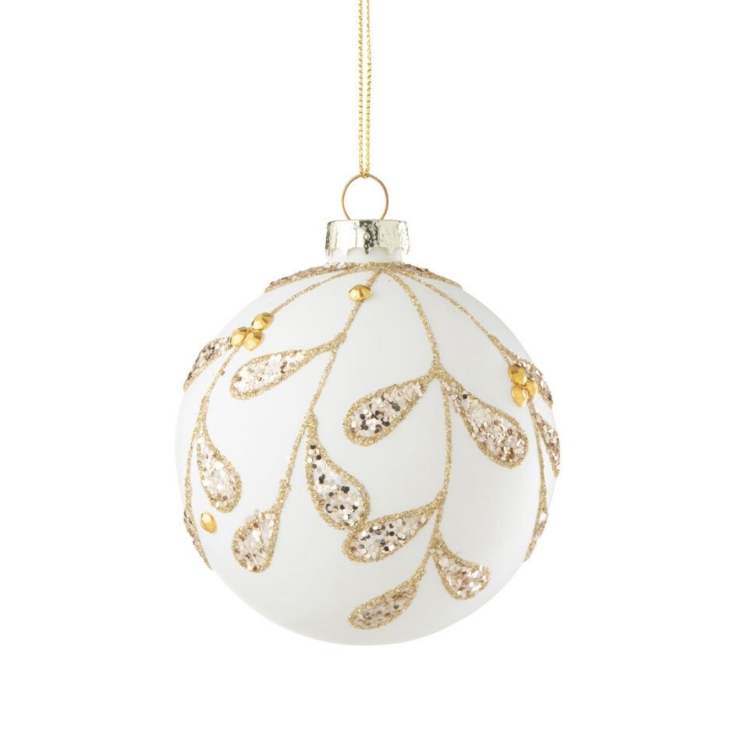 Christmas _ J-Line Glass Christmas Baubles Gold Leaves Sequins Box of 6 by Weirs of Baggot Street