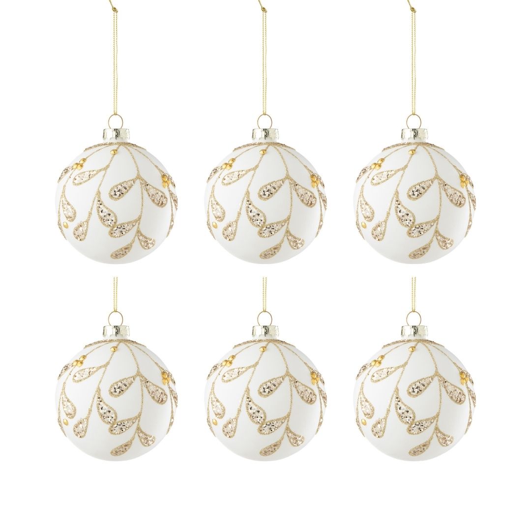 Christmas _ J-Line Glass Christmas Baubles Gold Leaves Sequins Box of 6 by Weirs of Baggot Street