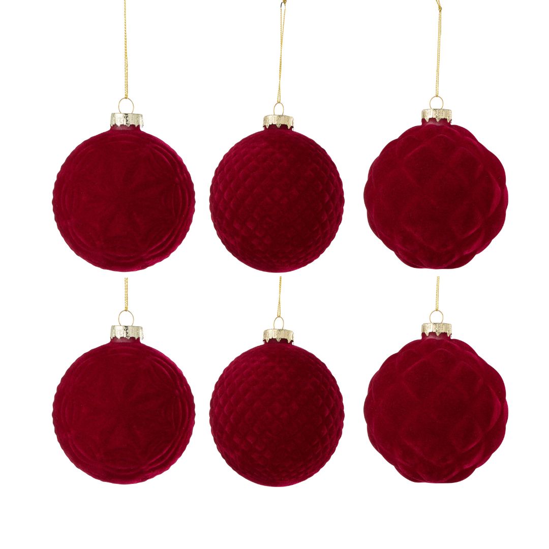 Christmas | J-Line Glass Christmas Baubles Red Velvet Box of 6 by Weirs of Baggot Street