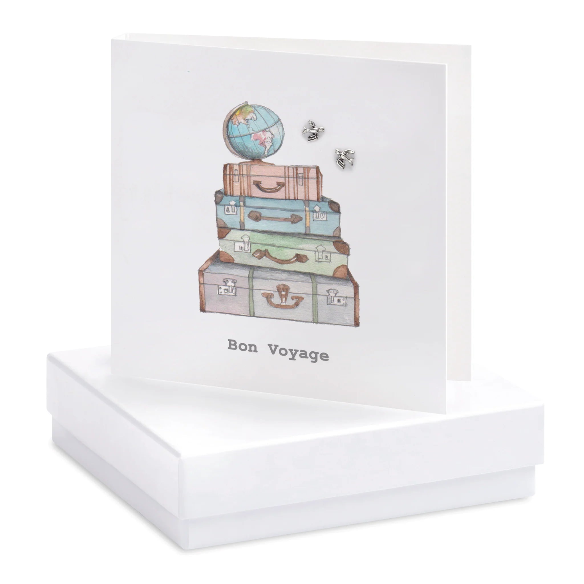 Crumble & Core Bon Voyage Card with Earrings in a White Box by Weirs of Baggot Street