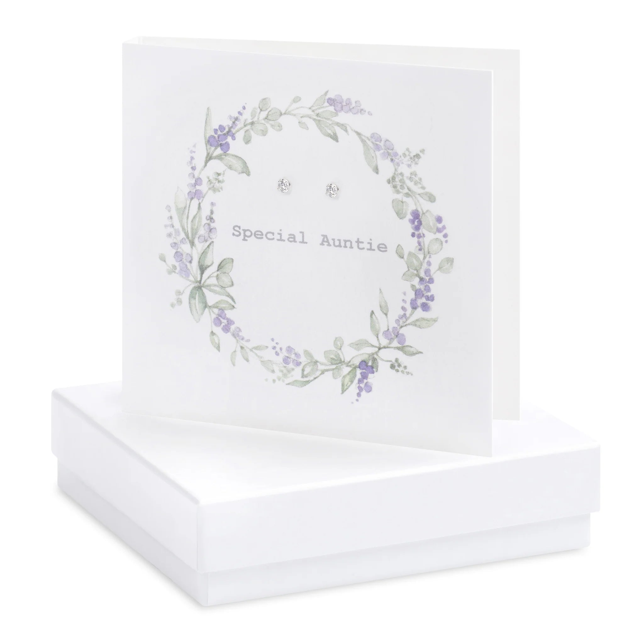 Crumble & Core  Lavender Wreath Auntie Card with Earrings in a White Box by Weirs of Baggot Street