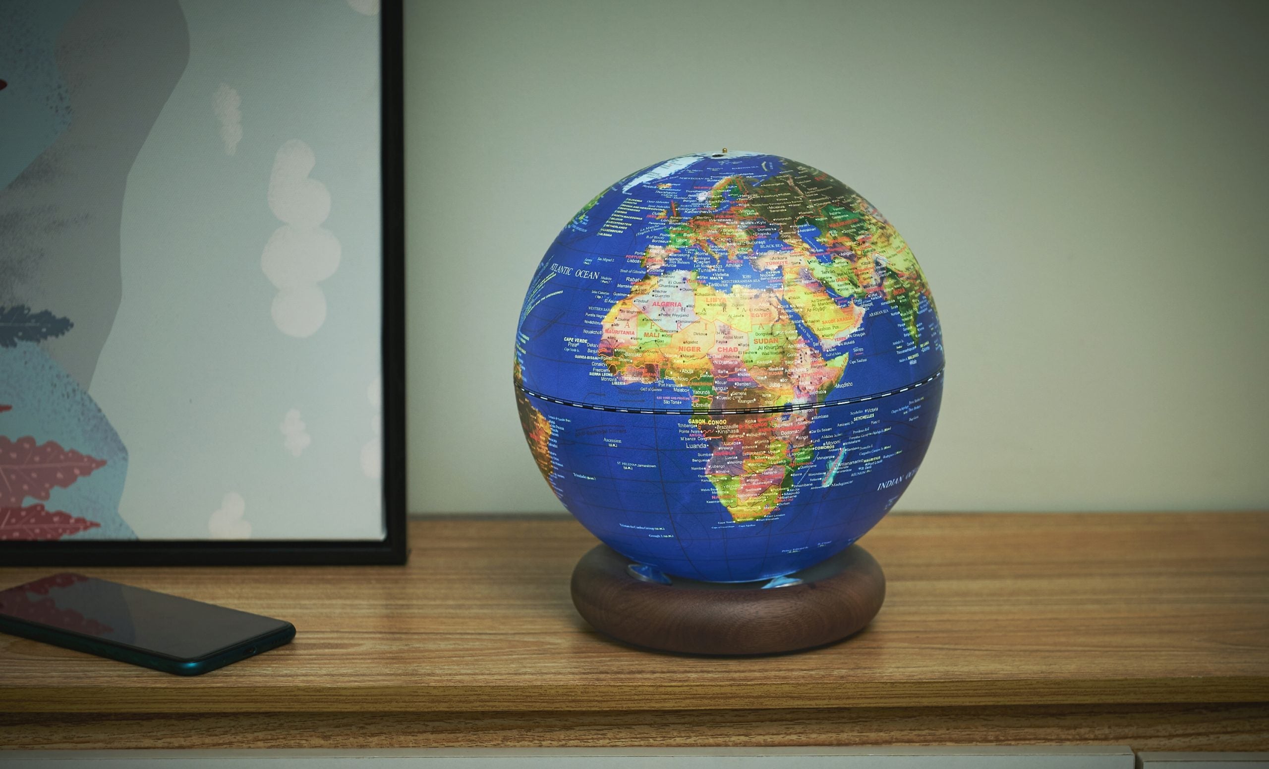 Fabulous Gifts Gingko Design Atlas Globe Lamp Dark Blue Small Walnut by Weirs of Baggot Street