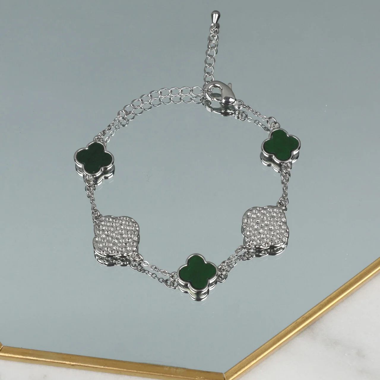Fabulous Gifts Jewellery Bracelet Double Clover Green Silver by Weirs of Baggot Street
