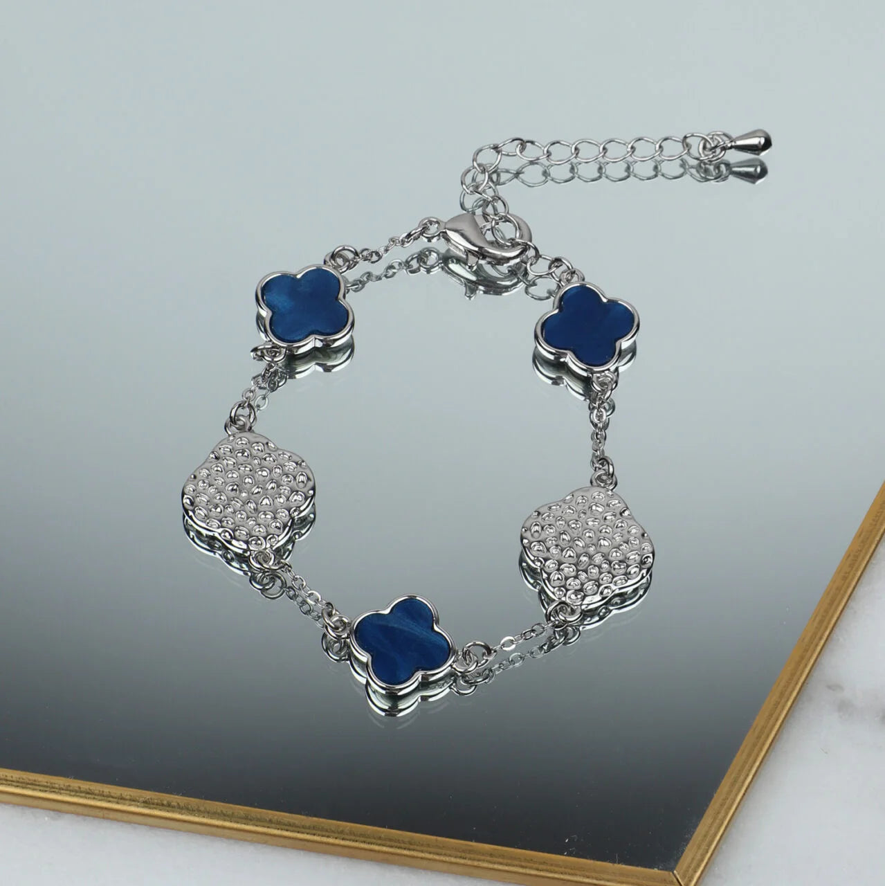 Fabulous Gifts Jewellery Bracelet Double Clover Navy Silver by Weirs of Baggot Street