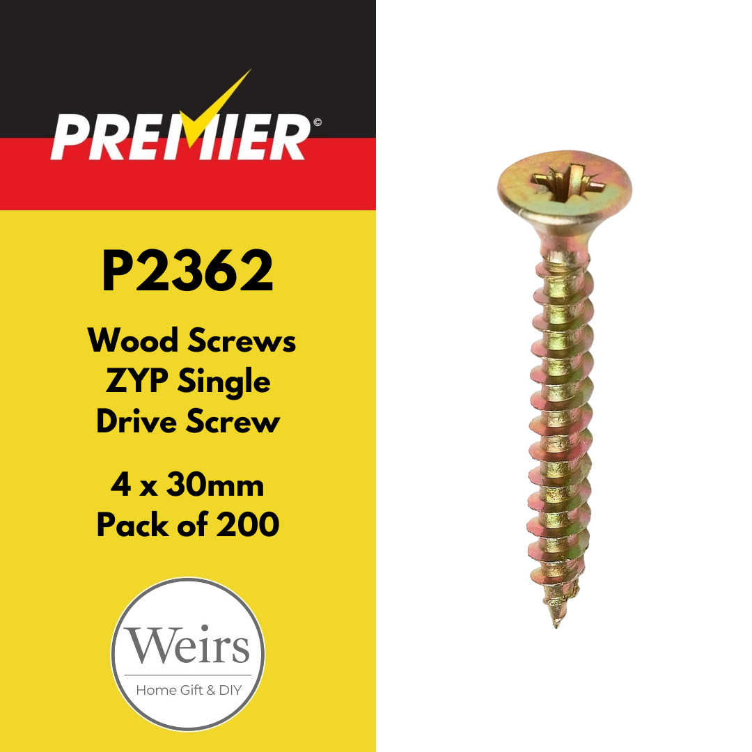 Screws | Premier Wood Screws ZYP Single Drive Screw - 4 x 30mm (Box of 200)  by Weirs of Baggot St