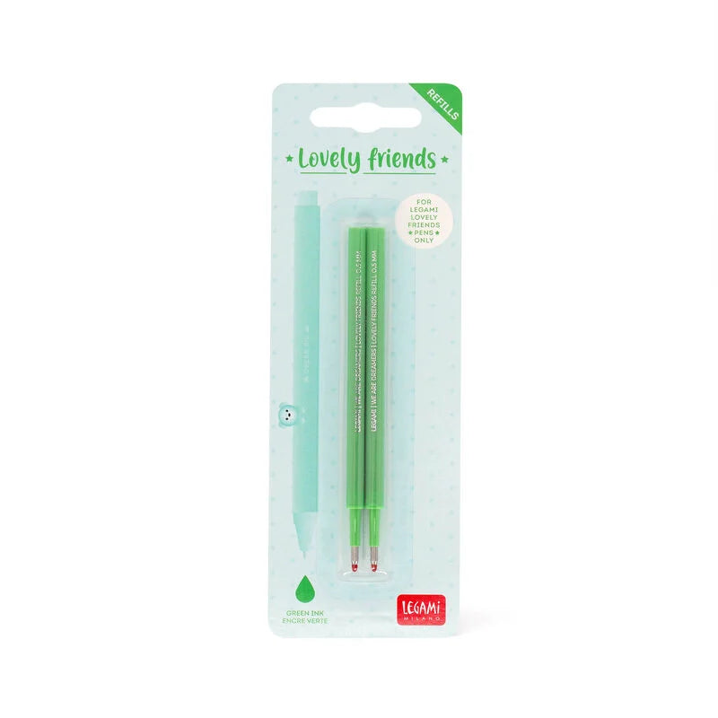 Stationery | Legami Erasable Pen Refills Lovely Friends 2Pk Green by Weirs of Baggot Street