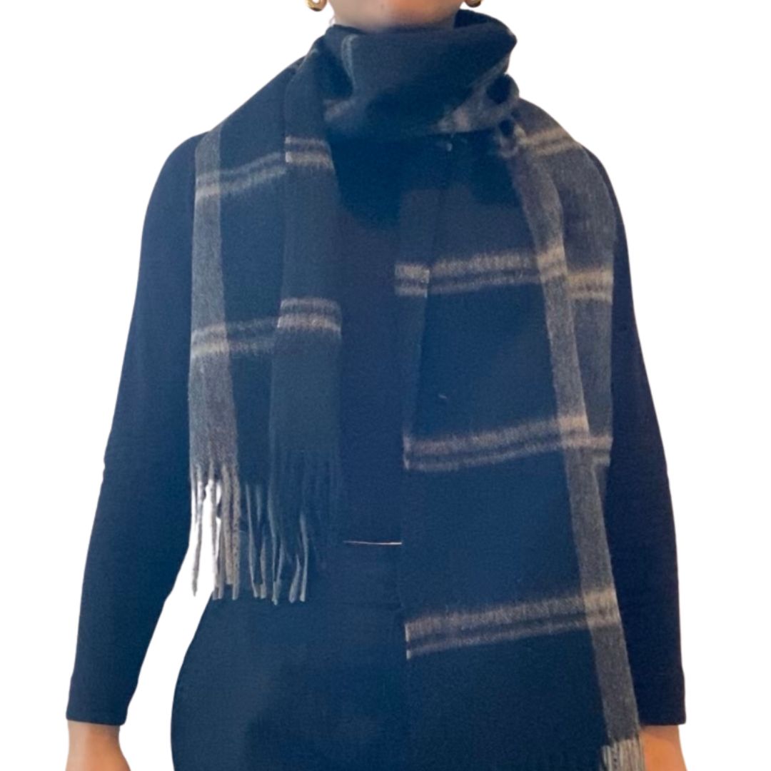 Winter Accessories | Classic Woollen Scarf - Black and Grey Plaid by Weirs of Baggot Street