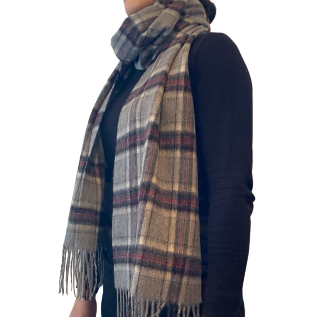 Winter Accessories | Classic Woollen Scarf - Light Grey, Black and Red Plaid by Weirs of Baggot Street