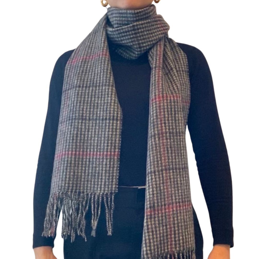 Winter Accessories | Classic Woollen Scarf - Light and Dark Grey Plaid with Red details by Weirs of Baggot Street