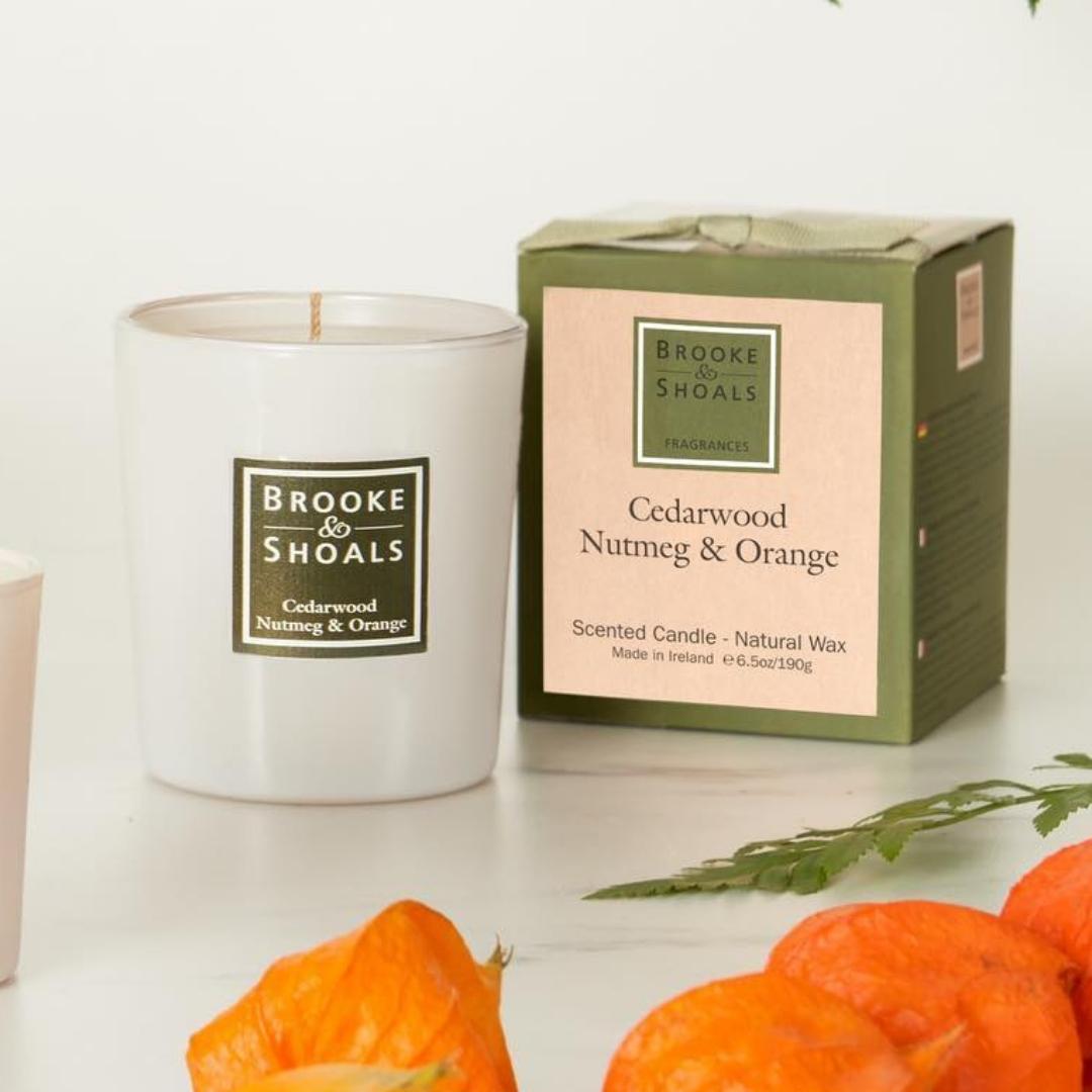 Brooke & Shoals Candle - Cedar Nutmeg & Orange by Weirs of Baggot Street. Celebrating Irish Creators