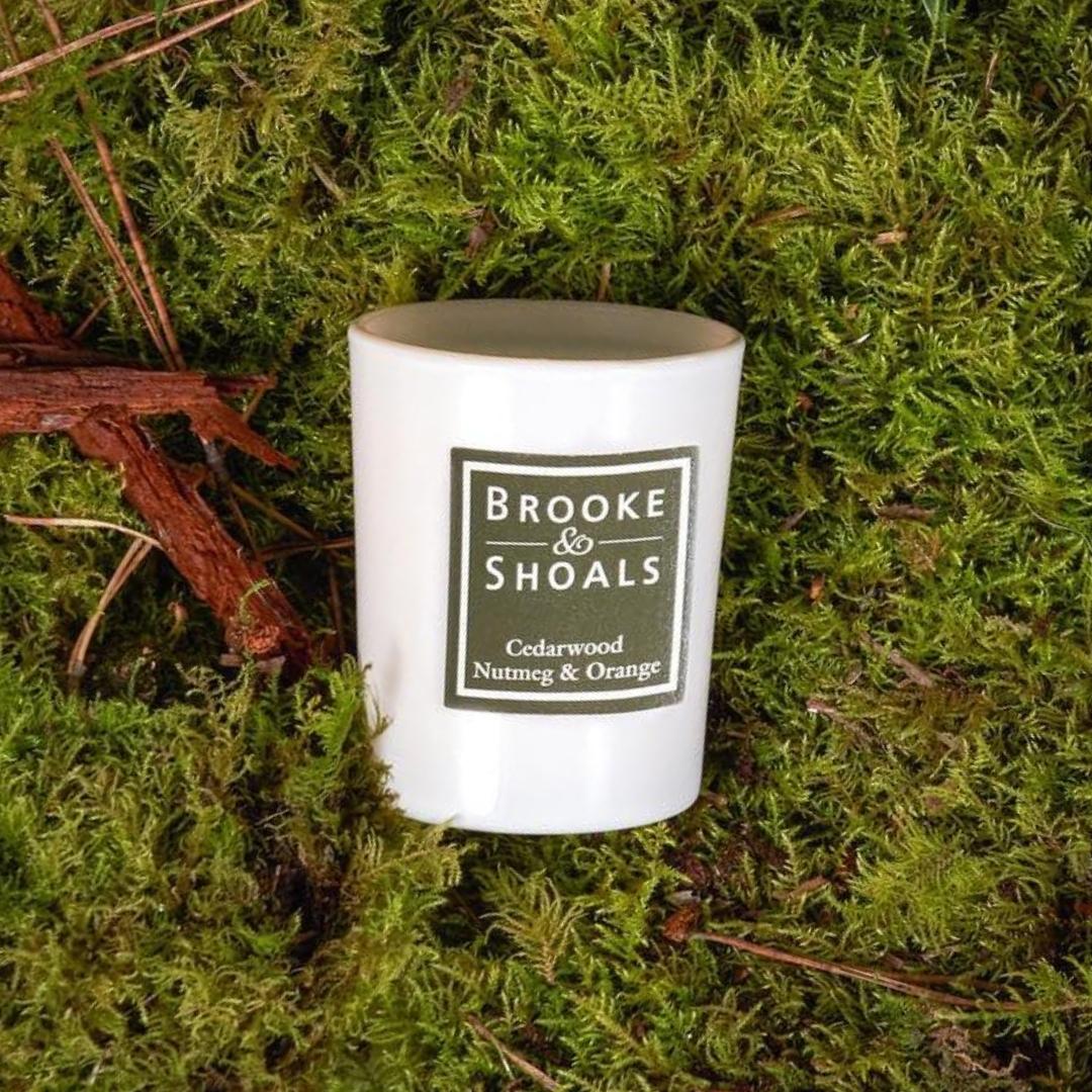 Brooke & Shoals Travel Candle Cedar Nutmeg Orange - Weirs of Baggot Street. Celebrating Irish Creators