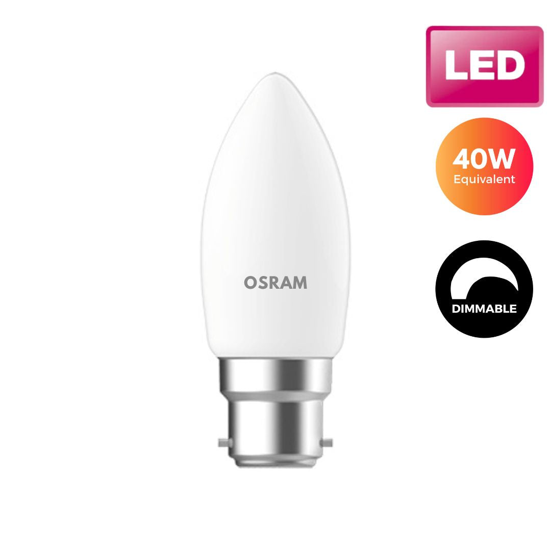 Osram Dimmable LED Candle Light Bulb - Frosted 40W (B22d) Buy LED Lightbulbs in Ireland with Weirs of Baggot St