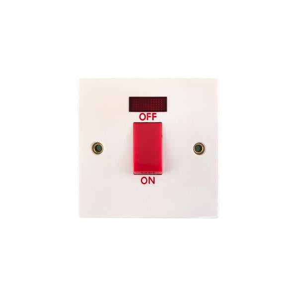 Cooker Switch With Neon Light White 1 Gang 45 amp  Fits 35mm and 47mm double size backing boxes 6 square core twin + earth cable Fittings included