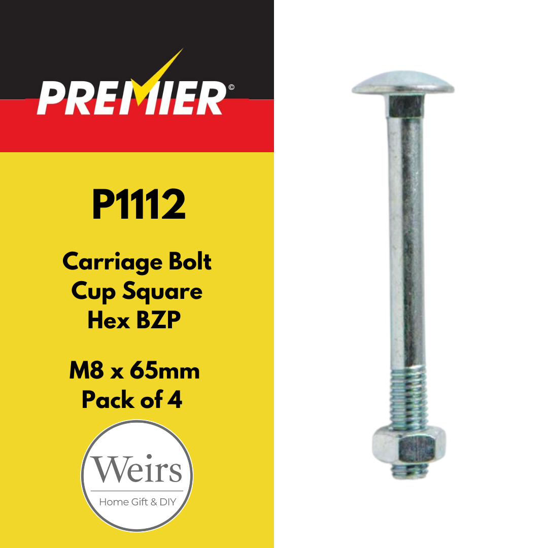 Nuts & Bolts | Premier Carriage Bolt BZP M8 x 65 by Weirs of Baggot St