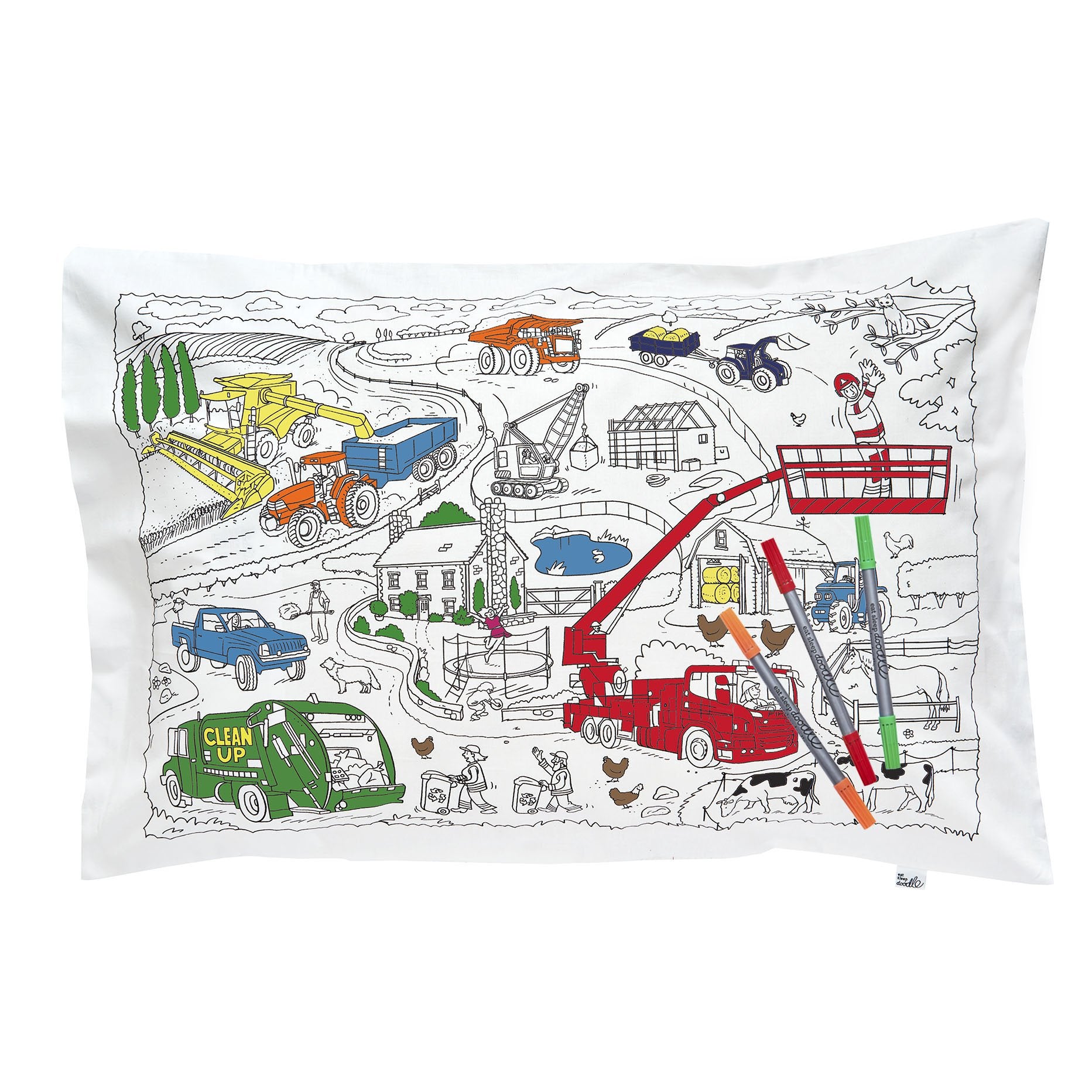 Eat Sleep Doodle Working Wheels Pillowcase - Colour in & Learn