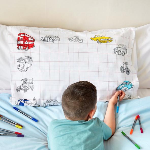 Eat Sleep Doodle Working Wheels Pillowcase - Colour in & Learn