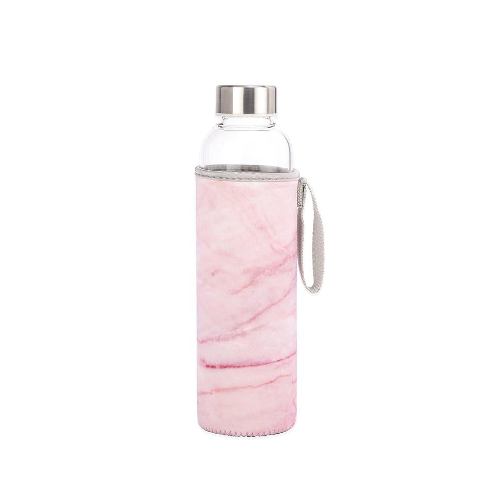 Kikkerland Glass Water Bottle & Sleeve - Pink Marble